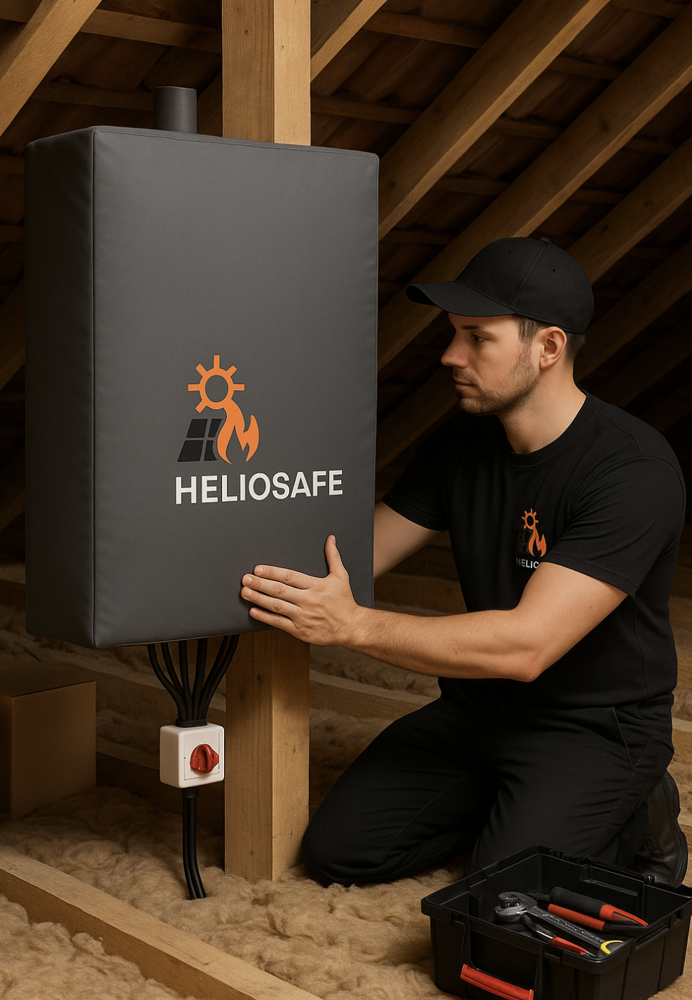 Professional installer working on solar equipment in attic space